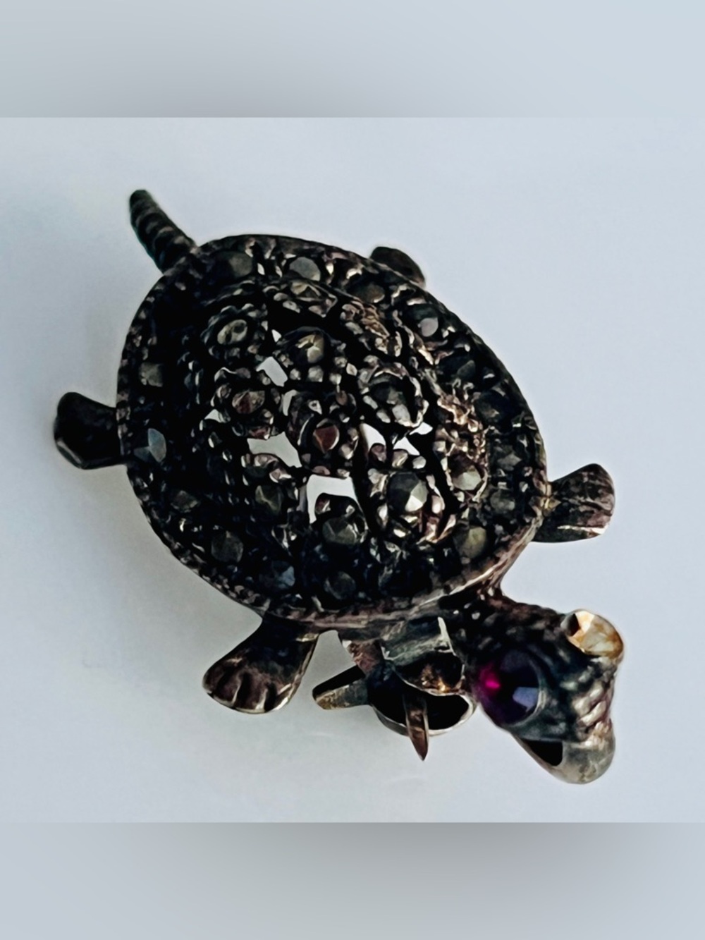 Vintage Small Turtle Brooch Pin 925 Sterling Marcasite-Style Ruby Eye